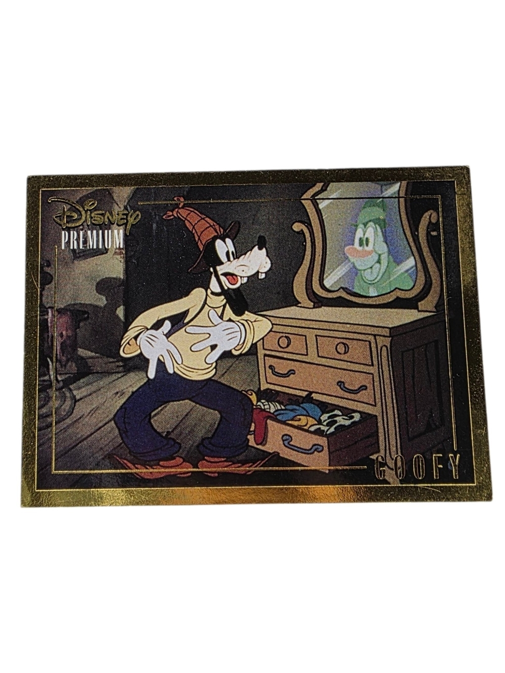 1995 Disney Goofy Gold Foil Card with Navy, Cream, Green and Red Accents